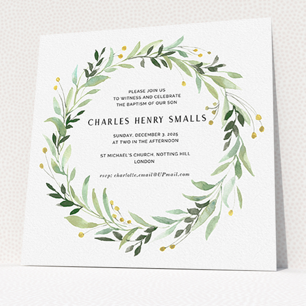 A baptism invitation template titled "Marine Wreath". It is a square (148mm x 148mm) invite card in a square orientation. "Marine Wreath" is available as a flat invite card, with tones of ice blue, light green and yellow.