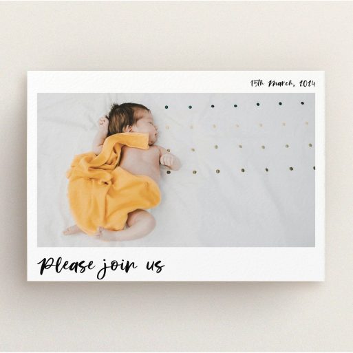 Baptism Invitation Design - "Marker Invite" A baptism invitation design titled "Marker Invite". It is an A5 invite card in a landscape orientation. It is a photographic baptism invitation with room for 1 photo. "Marker Invite" is available as a flat invite card, with mainly white colouring.