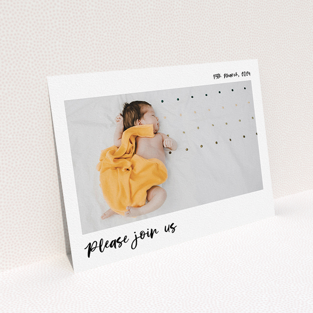 A baptism invitation design titled "Marker Invite". It is an A5 invite card in a landscape orientation. It is a photographic baptism invitation with room for 1 photo. "Marker Invite" is available as a flat invite card, with mainly white colouring.