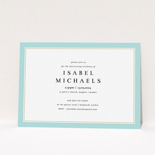 A baptism invitation design titled "Marker Invite". It is an A5 invite card in a landscape orientation. It is a photographic baptism invitation with room for 1 photo. "Marker Invite" is available as a flat invite card, with mainly white colouring.