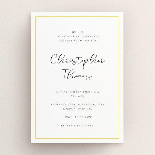 Baptism Invitation Design - "Modern Classic" A baptism invitation template titled "Modern Classic". It is an A5 invite card in a portrait orientation. "Modern Classic" is available as a flat invite card, with tones of white and yellow.