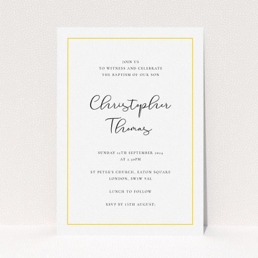 A baptism invitation template titled "Modern Classic". It is an A5 invite card in a portrait orientation. "Modern Classic" is available as a flat invite card, with tones of white and yellow.