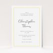 A baptism invitation template titled "Modern Classic". It is an A5 invite card in a portrait orientation. "Modern Classic" is available as a flat invite card, with tones of white and yellow.