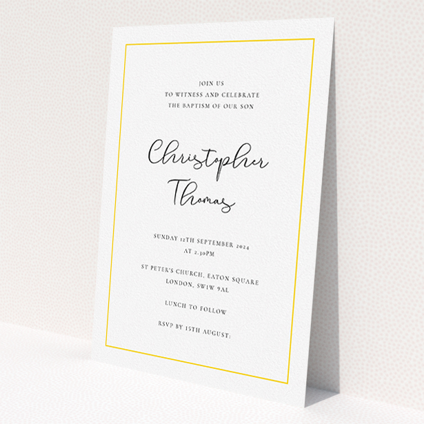 A baptism invitation template titled 'Modern Classic'. It is an A5 invite card in a portrait orientation. 'Modern Classic' is available as a flat invite card, with tones of white and yellow.