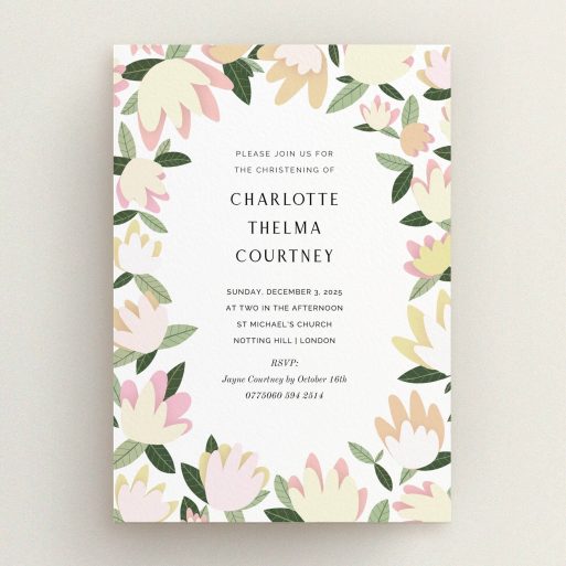 Baptism Invitation Design - "Modern Florals" A baptism invitation template titled "Modern Florals". It is an A5 invite card in a portrait orientation. "Modern Florals" is available as a flat invite card, with tones of cream, yellow and light green.