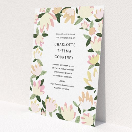 A baptism invitation template titled 'Modern Florals'. It is an A5 invite card in a portrait orientation. 'Modern Florals' is available as a flat invite card, with tones of cream, yellow and light green.
