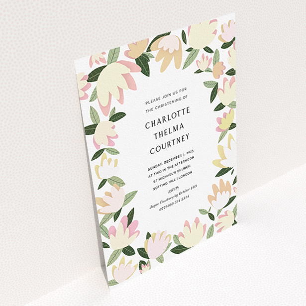 A baptism invitation template titled "Modern Florals". It is an A5 invite card in a portrait orientation. "Modern Florals" is available as a flat invite card, with tones of cream, yellow and light green.