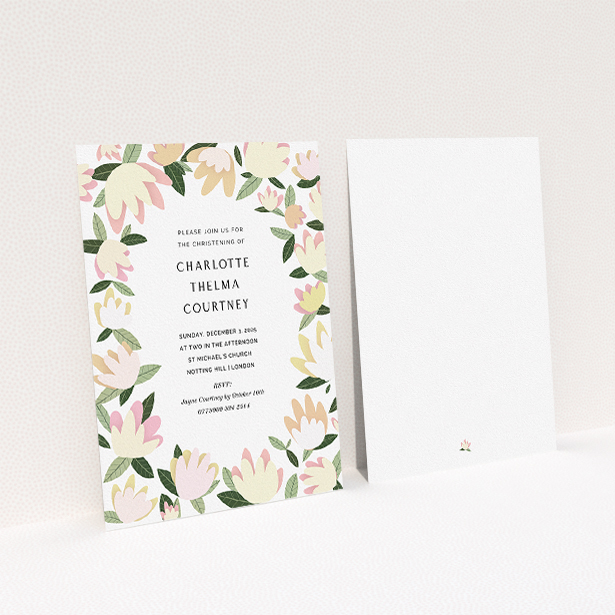 A baptism invitation template titled "Modern Florals". It is an A5 invite card in a portrait orientation. "Modern Florals" is available as a flat invite card, with tones of cream, yellow and light green.