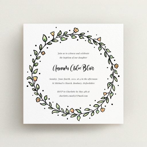 Baptism Invitation Design - "Modern Watercolours" A baptism invitation design called "Modern Watercolours". It is a square (148mm x 148mm) invite card in a square orientation. "Modern Watercolours" is available as a flat invite card, with tones of light green and orange.