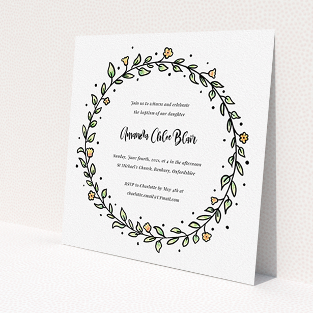 A baptism invitation design called 'Modern Watercolours'. It is a square (148mm x 148mm) invite card in a square orientation. 'Modern Watercolours' is available as a flat invite card, with tones of light green and orange.
