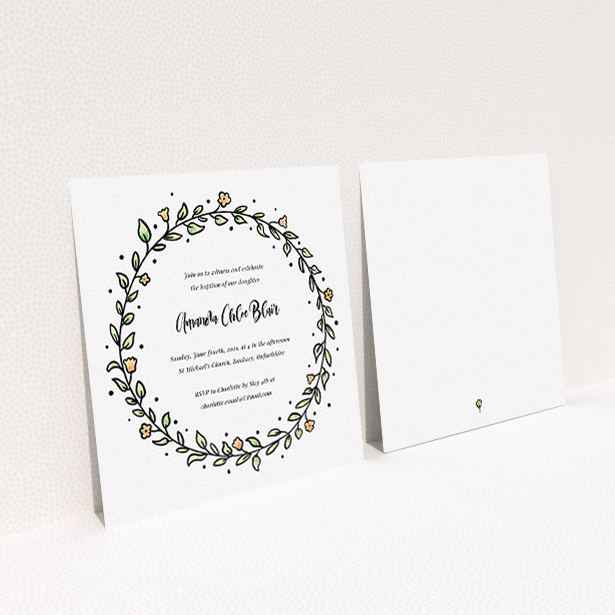 A baptism invitation design called "Modern Watercolours". It is a square (148mm x 148mm) invite card in a square orientation. "Modern Watercolours" is available as a flat invite card, with tones of light green and orange.