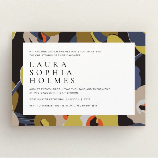 Baptism Invitation Design - "Night-time Botanica" A baptism invitation design titled "Night-time Botanica". It is an A5 invite card in a landscape orientation. "Night-time Botanica" is available as a flat invite card, with tones of black, dark gold and orange.