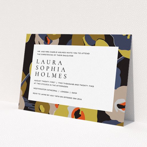 A baptism invitation design titled 'Night-time Botanica'. It is an A5 invite card in a landscape orientation. 'Night-time Botanica' is available as a flat invite card, with tones of black, dark gold and orange.