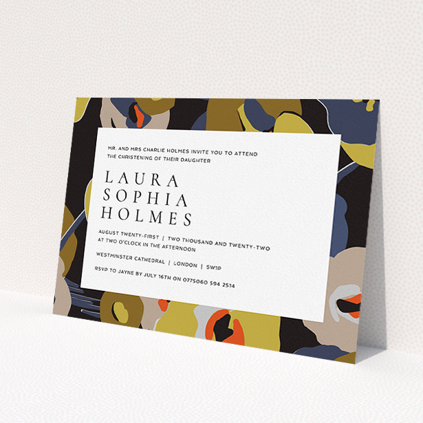 A baptism invitation design titled "Night-time Botanica". It is an A5 invite card in a landscape orientation. "Night-time Botanica" is available as a flat invite card, with tones of black, dark gold and orange.