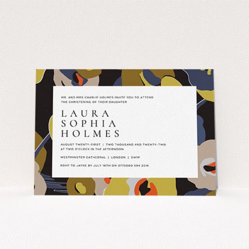 A baptism invitation template titled "Night-time Botanica". It is an A6 invite card in a landscape orientation. "Night-time Botanica" is available as a flat invite card, with tones of black, dark gold and orange.
