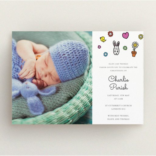 Baptism Invitation Design - "Nursery Abstract" A baptism invitation called "Nursery Abstract". It is an A5 invite card in a landscape orientation. It is a photographic baptism invitation with room for 1 photo. "Nursery Abstract" is available as a flat invite card, with mainly white colouring.
