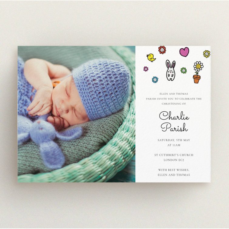 A baptism invitation called "Nursery Abstract". It is an A5 invite card in a landscape orientation. It is a photographic baptism invitation with room for 1 photo. "Nursery Abstract" is available as a flat invite card, with mainly white colouring.
