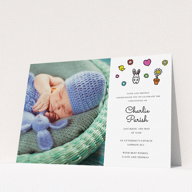 A baptism invitation called "Nursery Abstract". It is an A5 invite card in a landscape orientation. It is a photographic baptism invitation with room for 1 photo. "Nursery Abstract" is available as a flat invite card, with mainly white colouring.