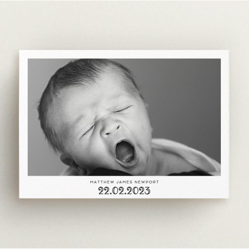 Baptism Invitation Design - "Ornate Date" A baptism invitation called "Ornate Date". It is an A5 invite card in a landscape orientation. It is a photographic baptism invitation with room for 1 photo. "Ornate Date" is available as a flat invite card, with mainly white colouring.