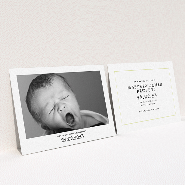 A baptism invitation called "Ornate Date". It is an A5 invite card in a landscape orientation. It is a photographic baptism invitation with room for 1 photo. "Ornate Date" is available as a flat invite card, with mainly white colouring.