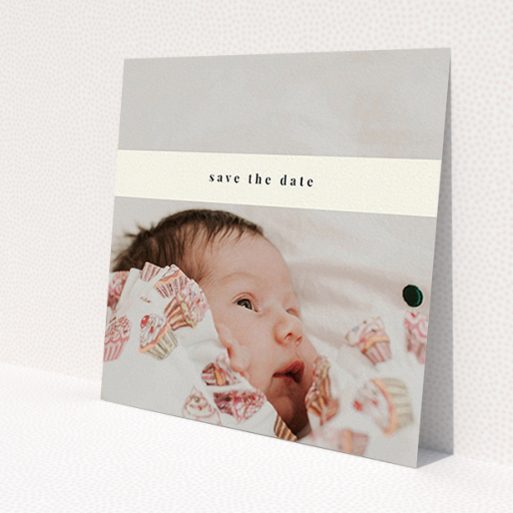 A baptism invitation template titled 'Our new bundle of joy'. It is a square (148mm x 148mm) invite card in a square orientation. It is a photographic baptism invitation with room for 1 photo. 'Our new bundle of joy' is available as a flat invite card, with mainly cream colouring.