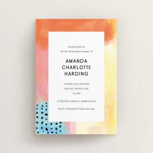 Baptism Invitation Design - "Pastel Abstract" A baptism invitation called "Pastel Abstract". It is an A6 invite card in a portrait orientation. "Pastel Abstract" is available as a flat invite card, with tones of orange, red and yellow.