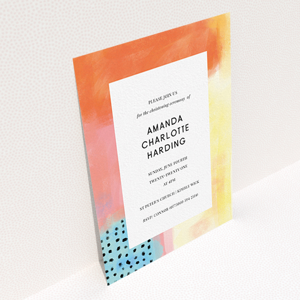 A baptism invitation called "Pastel Abstract". It is an A6 invite card in a portrait orientation. "Pastel Abstract" is available as a flat invite card, with tones of orange, red and yellow.