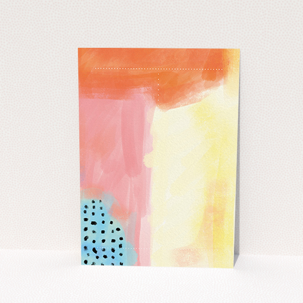 A baptism invitation called "Pastel Abstract". It is an A6 invite card in a portrait orientation. "Pastel Abstract" is available as a flat invite card, with tones of orange, red and yellow.