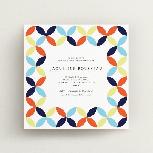 Baptism Invitation Design - "Pastel Circus" A baptism invitation called "Pastel Circus". It is a square (148mm x 148mm) invite card in a square orientation. "Pastel Circus" is available as a flat invite card, with mainly light blue colouring.