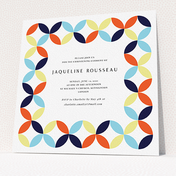 A baptism invitation called "Pastel Circus". It is a square (148mm x 148mm) invite card in a square orientation. "Pastel Circus" is available as a flat invite card, with mainly light blue colouring.