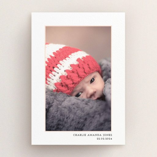 Baptism Invitation Design - "Photo Centre" A baptism invitation called "Photo Centre". It is an A5 invite card in a portrait orientation. It is a photographic baptism invitation with room for 1 photo. "Photo Centre" is available as a flat invite card, with mainly white colouring.