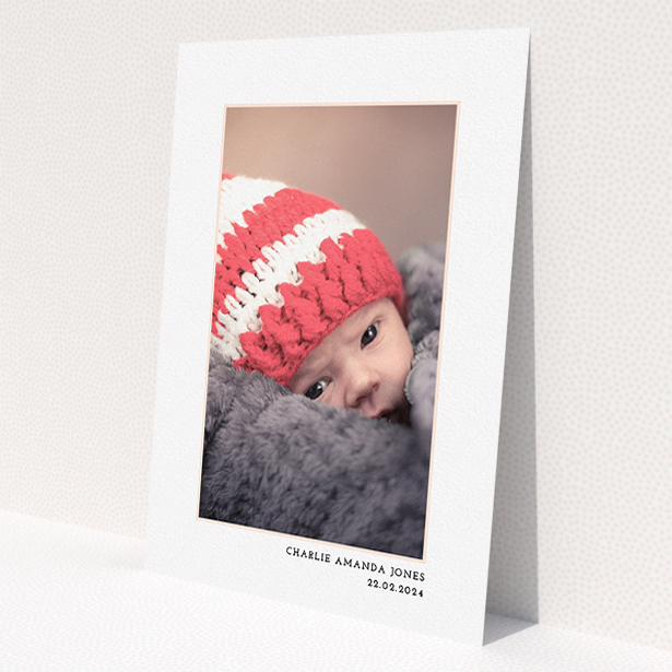 A baptism invitation called 'Photo Centre'. It is an A5 invite card in a portrait orientation. It is a photographic baptism invitation with room for 1 photo. 'Photo Centre' is available as a flat invite card, with mainly white colouring.