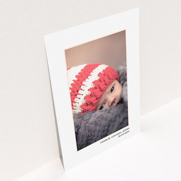 A baptism invitation called "Photo Centre". It is an A5 invite card in a portrait orientation. It is a photographic baptism invitation with room for 1 photo. "Photo Centre" is available as a flat invite card, with mainly white colouring.