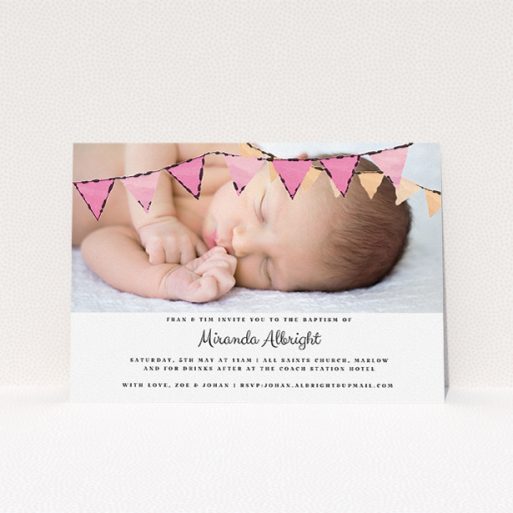 A baptism invitation design titled "Pink Bunting". It is an A5 invite card in a landscape orientation. It is a photographic baptism invitation with room for 1 photo. "Pink Bunting" is available as a flat invite card, with tones of pink and white.
