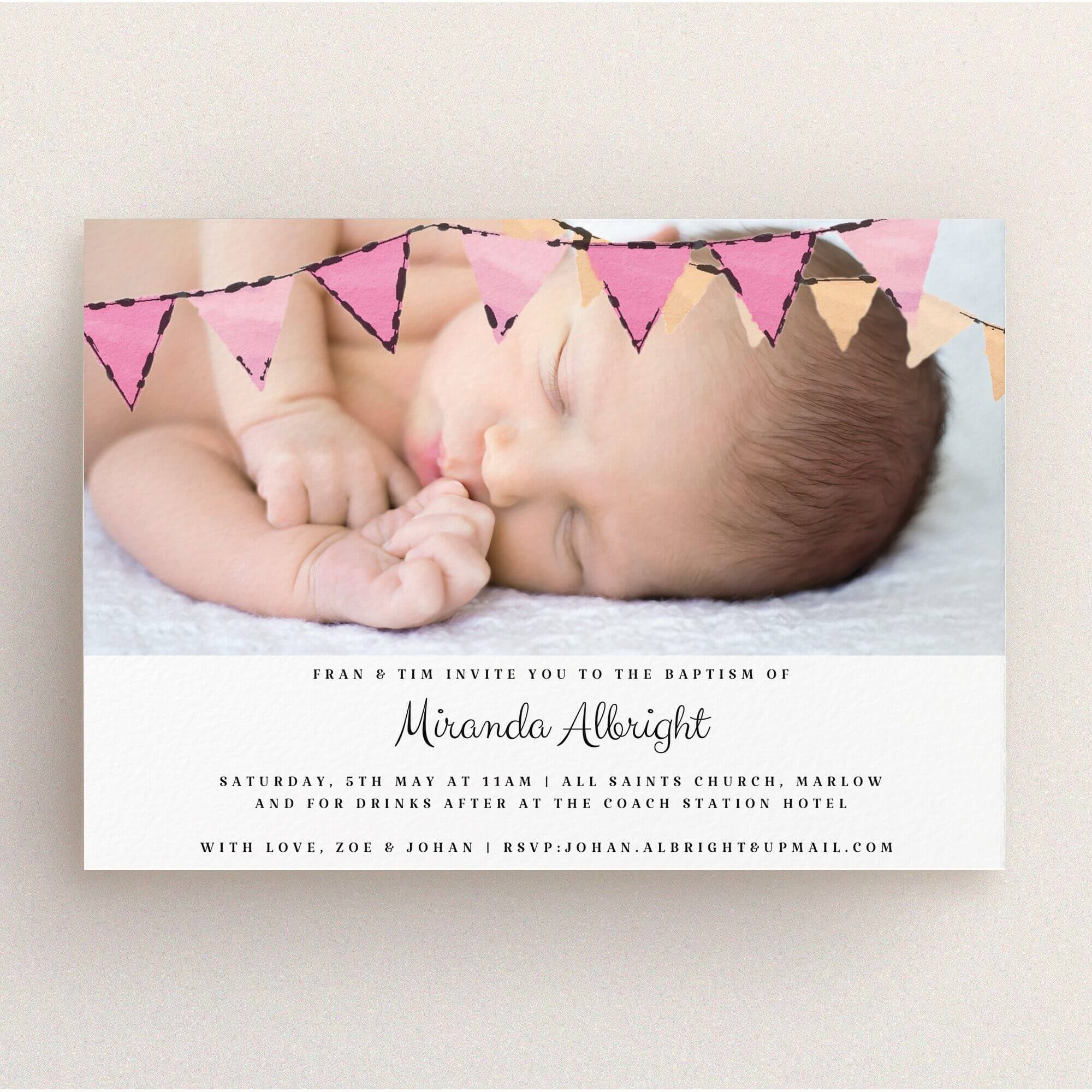 Pink Bunting In Christening Invitations