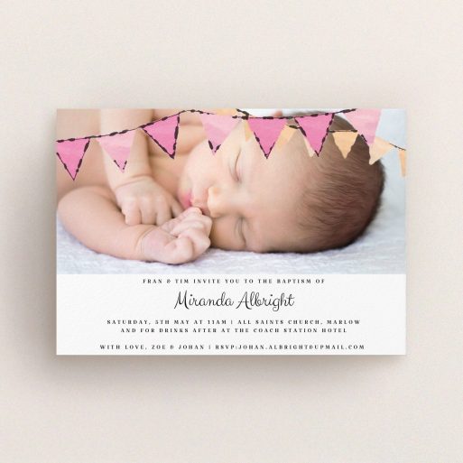 Baptism Invitation Design - "Pink Bunting" A baptism invitation template titled "Pink Bunting". It is an A6 invite card in a landscape orientation. It is a photographic baptism invitation with room for 1 photo. "Pink Bunting" is available as a flat invite card, with tones of pink and white.