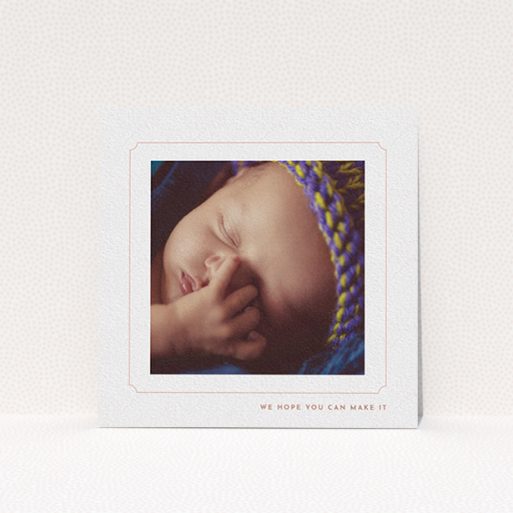 A baptism invitation named "Pink notch Frame". It is a square (148mm x 148mm) invite card in a square orientation. It is a photographic baptism invitation with room for 1 photo. "Pink notch Frame" is available as a flat invite card, with tones of white and pink.