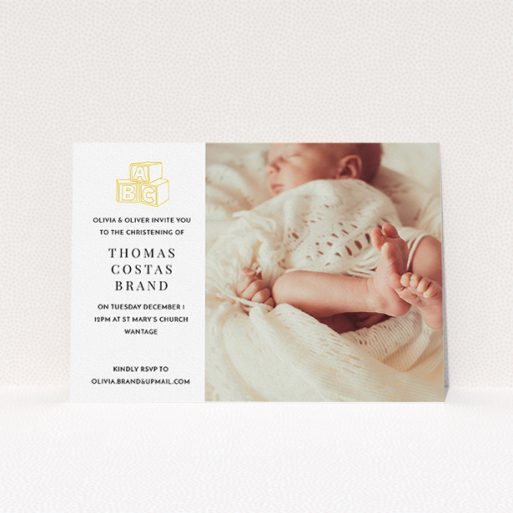 A baptism invitation design named "Playtime". It is an A5 invite card in a landscape orientation. It is a photographic baptism invitation with room for 1 photo. "Playtime" is available as a flat invite card, with tones of white and yellow.