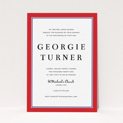 A baptism invitation design titled "Prep Pep". It is an A6 invite card in a portrait orientation. "Prep Pep" is available as a flat invite card, with tones of red and blue.
