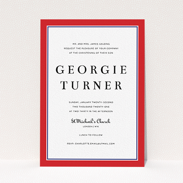A baptism invitation design titled "Prep Pep". It is an A6 invite card in a portrait orientation. "Prep Pep" is available as a flat invite card, with tones of red and blue.