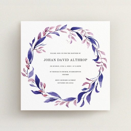 Baptism Invitation Design - "Purple Wreath" A baptism invitation design titled "Purple Wreath". It is a square (148mm x 148mm) invite card in a square orientation. "Purple Wreath" is available as a flat invite card, with mainly purple/dark pink colouring.