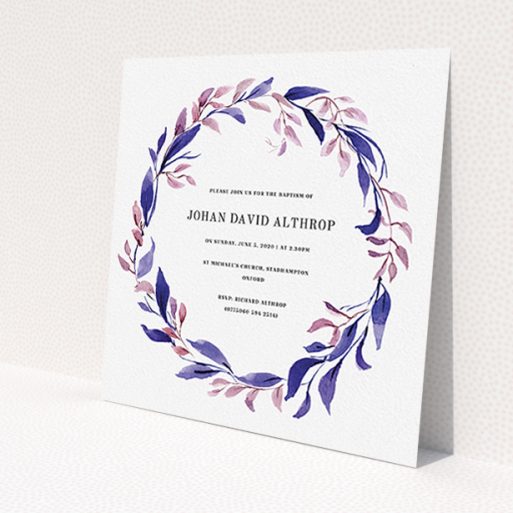 A baptism invitation design titled 'Purple Wreath'. It is a square (148mm x 148mm) invite card in a square orientation. 'Purple Wreath' is available as a flat invite card, with mainly purple/dark pink colouring.