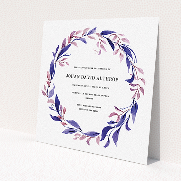 A baptism invitation design titled "Purple Wreath". It is a square (148mm x 148mm) invite card in a square orientation. "Purple Wreath" is available as a flat invite card, with mainly purple/dark pink colouring.