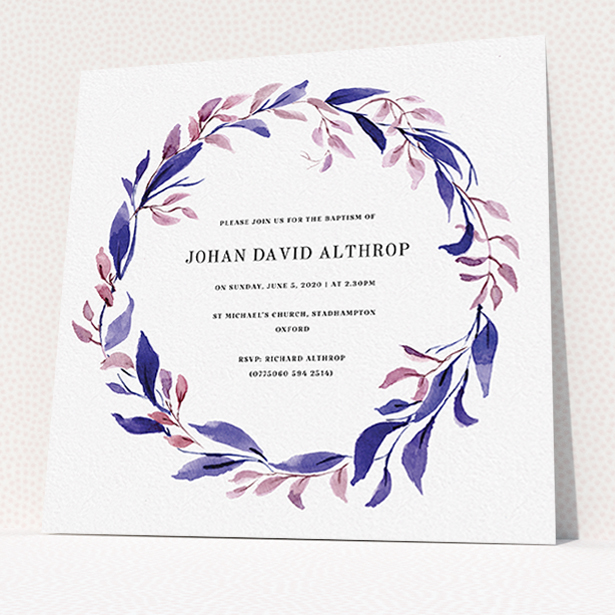 A baptism invitation design titled "Purple Wreath". It is a square (148mm x 148mm) invite card in a square orientation. "Purple Wreath" is available as a flat invite card, with mainly purple/dark pink colouring.