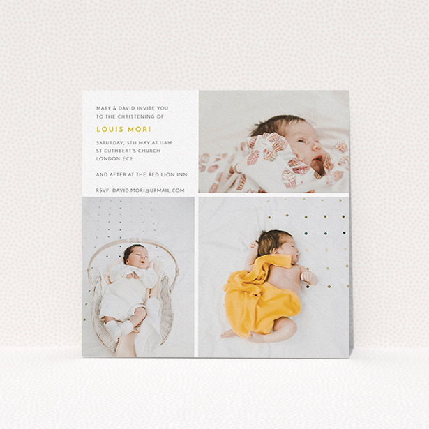 A baptism invitation design titled "Quarters". It is a square (148mm x 148mm) invite card in a square orientation. It is a photographic baptism invitation with room for 3 photos. "Quarters" is available as a flat invite card, with tones of white and yellow.