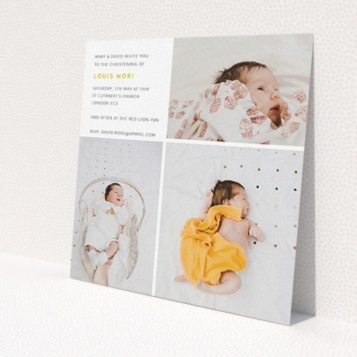 A baptism invitation design titled 'Quarters'. It is a square (148mm x 148mm) invite card in a square orientation. It is a photographic baptism invitation with room for 3 photos. 'Quarters' is available as a flat invite card, with tones of white and yellow.