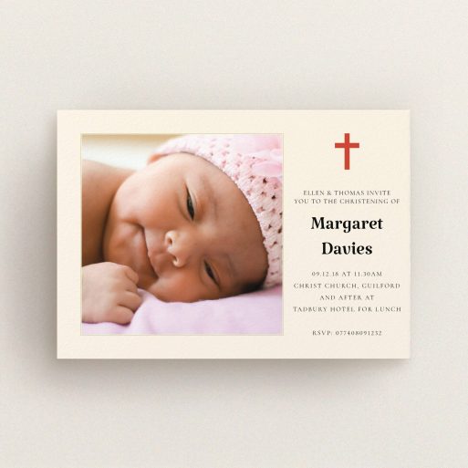 Baptism Invitation Design - "Red and Cream" A baptism invitation design titled "Red and Cream". It is an A6 invite card in a landscape orientation. It is a photographic baptism invitation with room for 1 photo. "Red and Cream" is available as a flat invite card, with tones of red and cream.