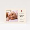 A baptism invitation design titled "Red and Cream". It is an A6 invite card in a landscape orientation. It is a photographic baptism invitation with room for 1 photo. "Red and Cream" is available as a flat invite card, with tones of red and cream.