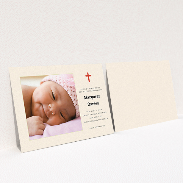 A baptism invitation design titled "Red and Cream". It is an A6 invite card in a landscape orientation. It is a photographic baptism invitation with room for 1 photo. "Red and Cream" is available as a flat invite card, with tones of red and cream.