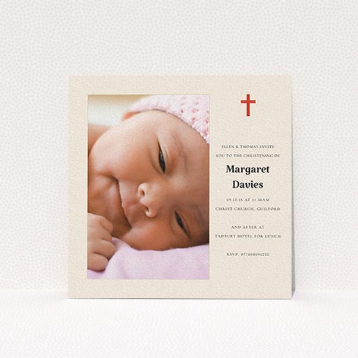 A baptism invitation template titled "Red and Cream". It is a square (148mm x 148mm) invite card in a square orientation. It is a photographic baptism invitation with room for 1 photo. "Red and Cream" is available as a flat invite card, with tones of red and cream.